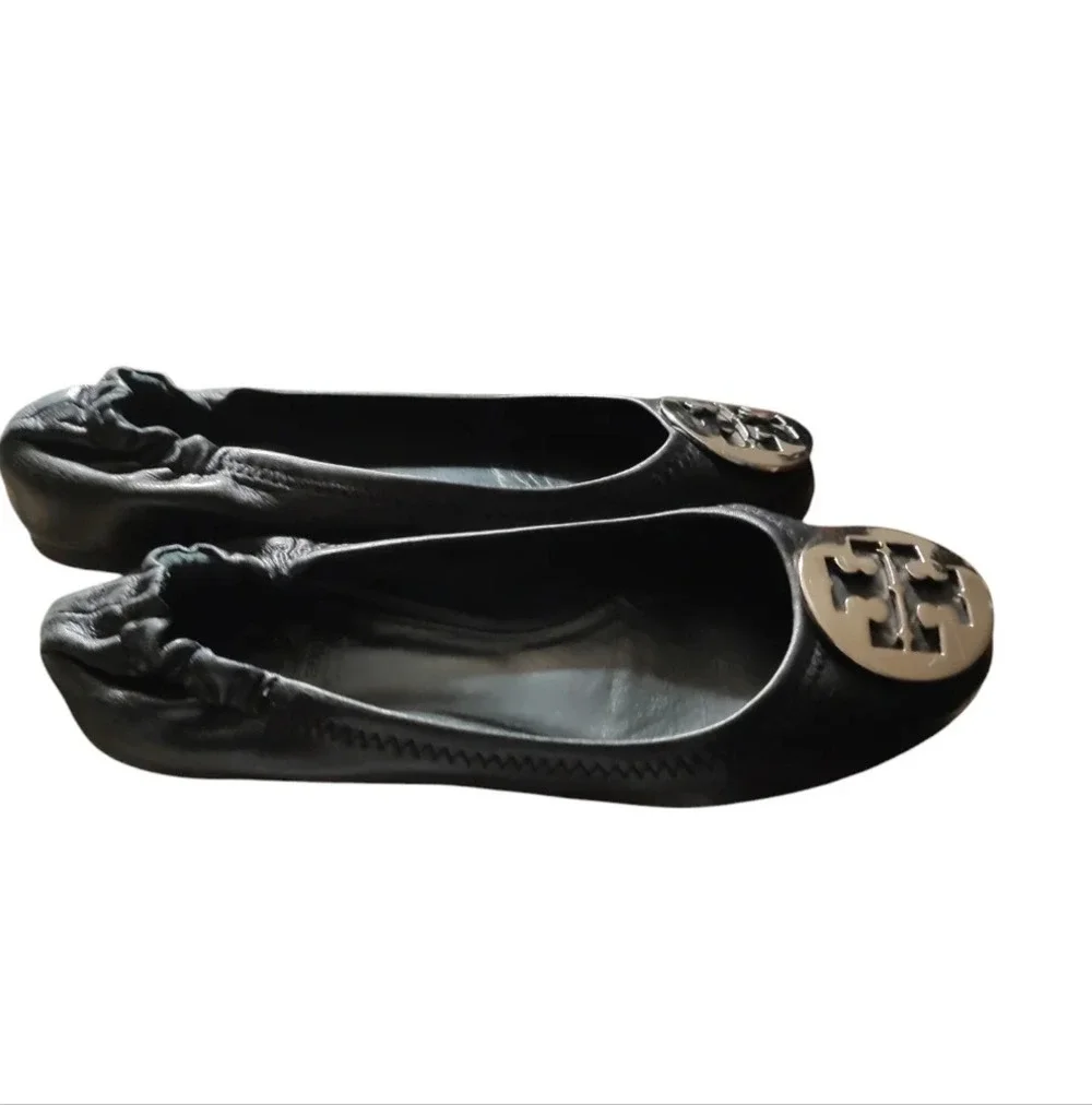 TORY BURCH Reva Black Leather Silver Logo Ballet Flats